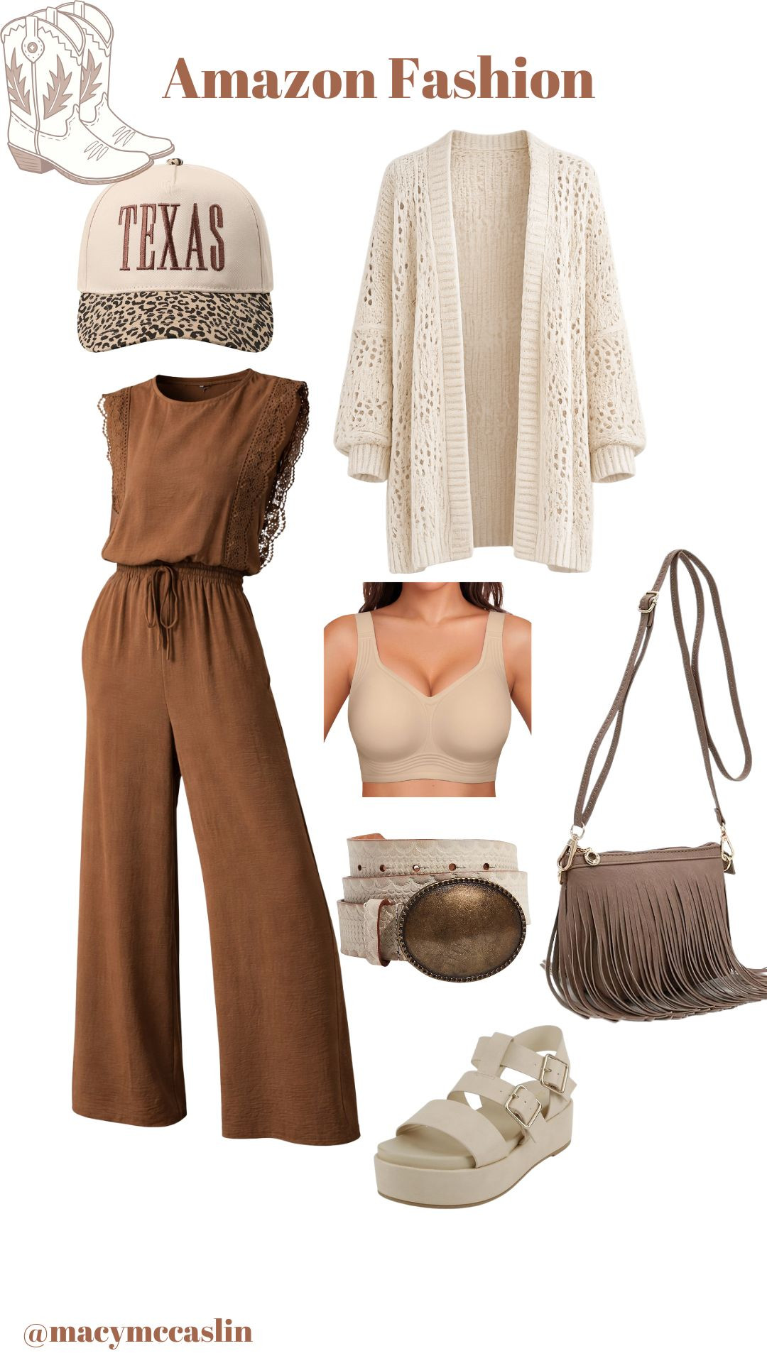 A cozy crochet cardigan, comfy jumpsuit, and stylish sandals for your next outing. Perfect combo! 🌿👗👠 

 #LTKootd #LTKSeasonal #LTKSaleAlert