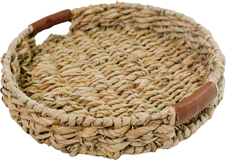 Handwoven Round Rattan Tray with Leather Handles – Use as Home Decor or Vegetable and Fruit Org... | Amazon (US)