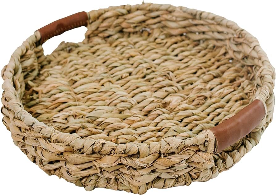Summit Living Handwoven Round Rattan Tray with Leather Handles – Use as Home Decor or Vegetable... | Amazon (US)