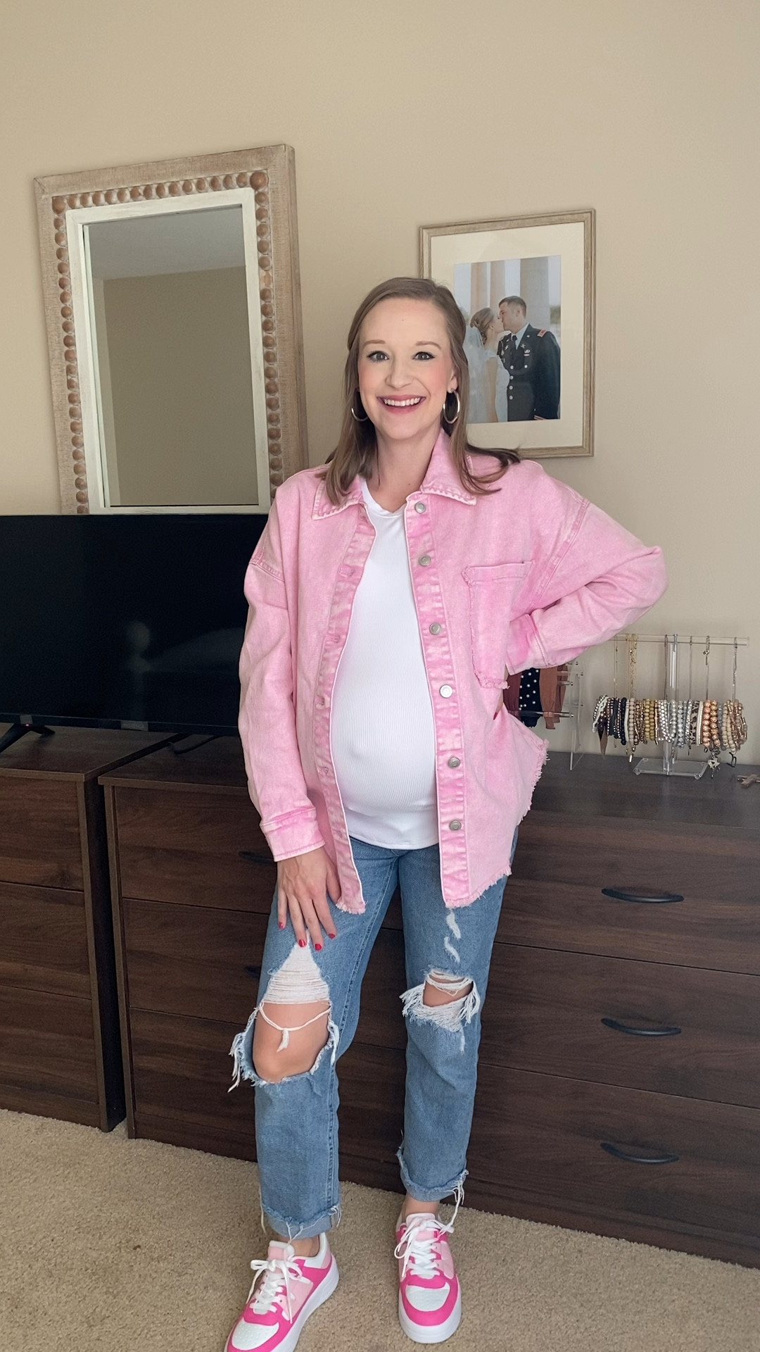 Pink shacket from Walmart! Paired with ripped boyfriend jeans and the cutest pink sneakers! Panda sneaker dupes! Celebrity pink shacket! 

#LTKshoecrush