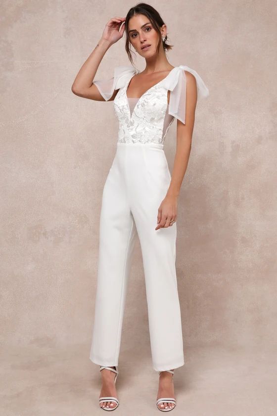 Dignified Beauty White Mesh Embroidered Tie-Strap Jumpsuit | Lulus