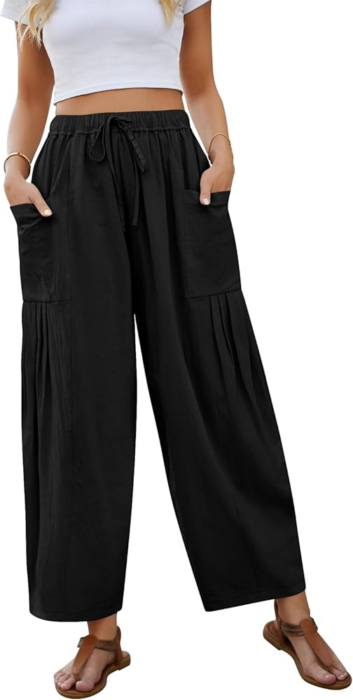 Wanzetaly Womens Linen Wide Leg Pants Casual Elastic Drawstring Waist Trousers Beach Palazzo Hare... | Amazon (US)