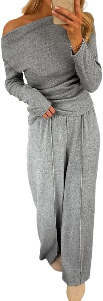CHICME Womens 2 Piece Outfit Ribbed Knit Lounge Set Wide Leg Pants Set | Amazon (US)