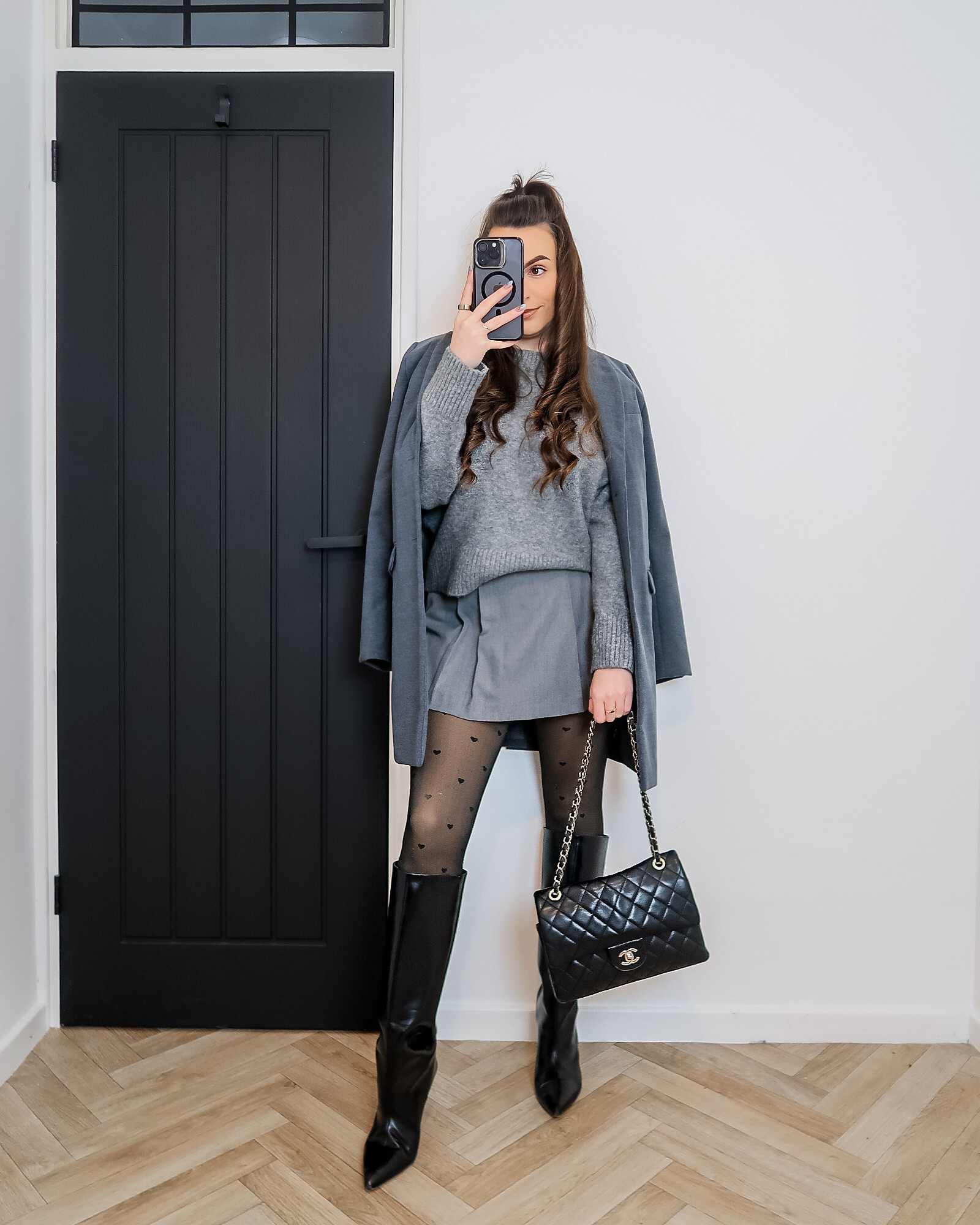 grey tailored wool-look coat, grey skort outfit, grey knit jumper outfit, fleece-lined heart tights, black kitten heel boots outfit, Chanel bag outfit, tonal grey layers, monochrome grey outfit, midweek outfit inspiration, cozy chic winter outfit, elevated casual style, capsule wardrobe neutrals, modern classic outfit, everyday winter outfit 

#LTKwinter #LTKuk #LTKeurope