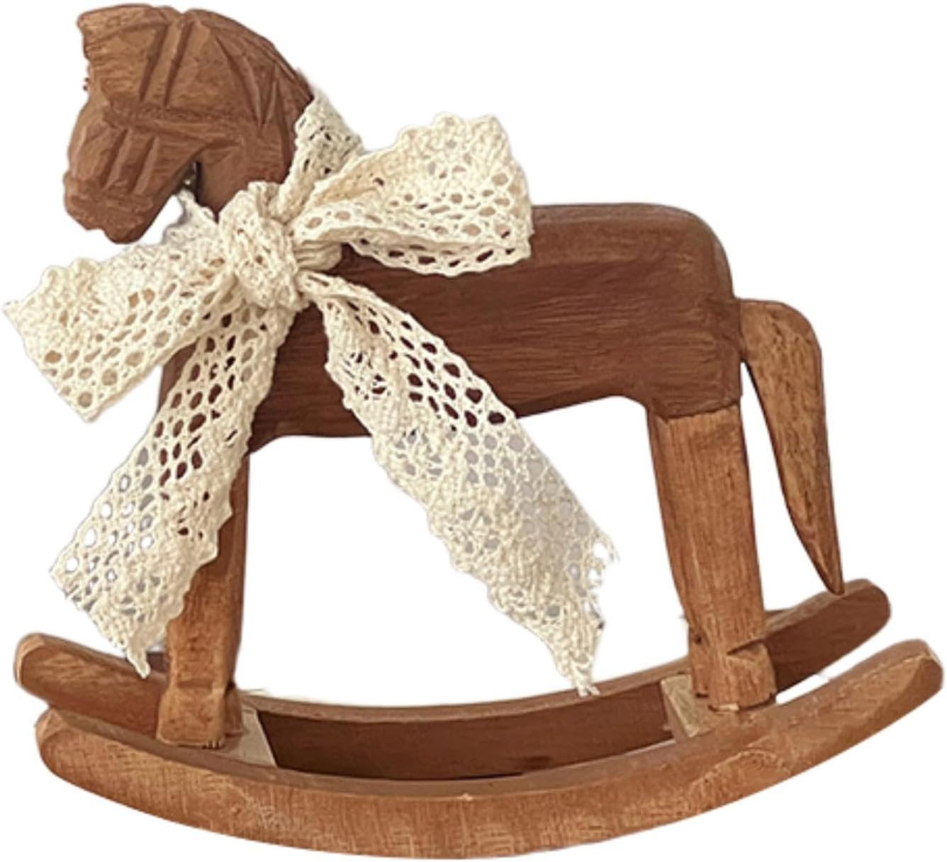 MagiDeal Wooden Horse Figurine Rocking Horse Statue with Ribbon Decorative Unique Collectible Holiday Season Ornament Table Decoration, C Lace Ribbon | Amazon (US)