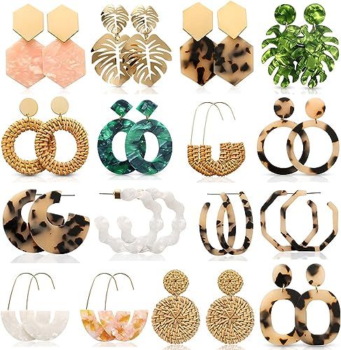 LANTAI 16-20 Pairs Trendy Acrylic Earrings Rattan Earrings for Women-Summer Beach Straw Woven Ear... | Amazon (US)