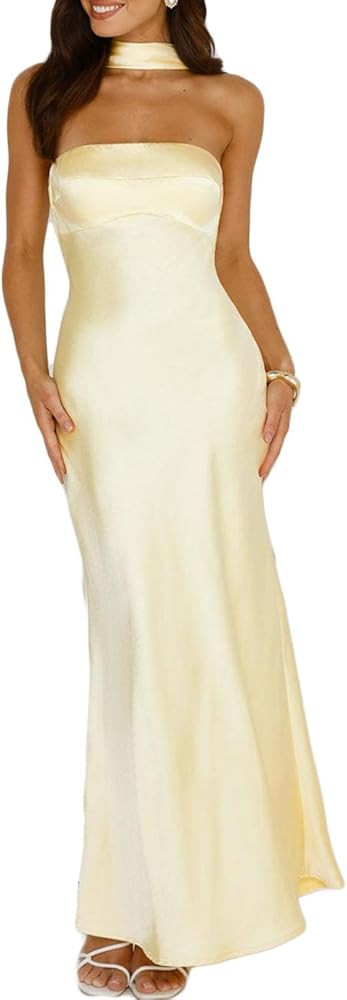 Women's Summer Satin Strapless Tube Top Maxi Dress Elegant Silk Backless Halter Neck Formal Party... | Amazon (US)