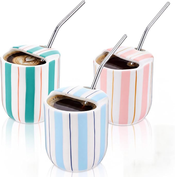 3 Set 12oz Ceramic Coffee Mug with Straw Hole SipStriped Coffee Cup | Retro Hand Painted Togo Cup... | Amazon (US)
