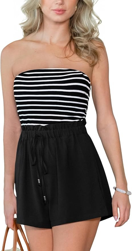 CUPSHE Women's Off Shoulder Romper Casual Stripe High Waist Drawstring Rompers | Amazon (US)