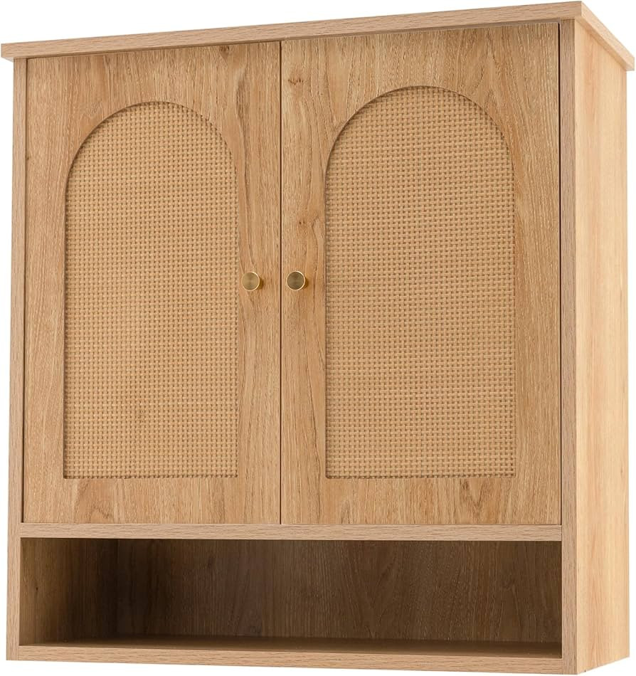 Giantex Medicine Cabinet, Bathroom Wall Cabinet with 2 Rattan Doors, Open Shelf, Heavy Duty Bathr... | Amazon (US)