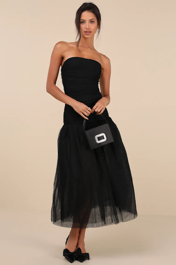 Beautifully Poised Black Tulle Ruched Drop Waist Midi Dress | Lulus