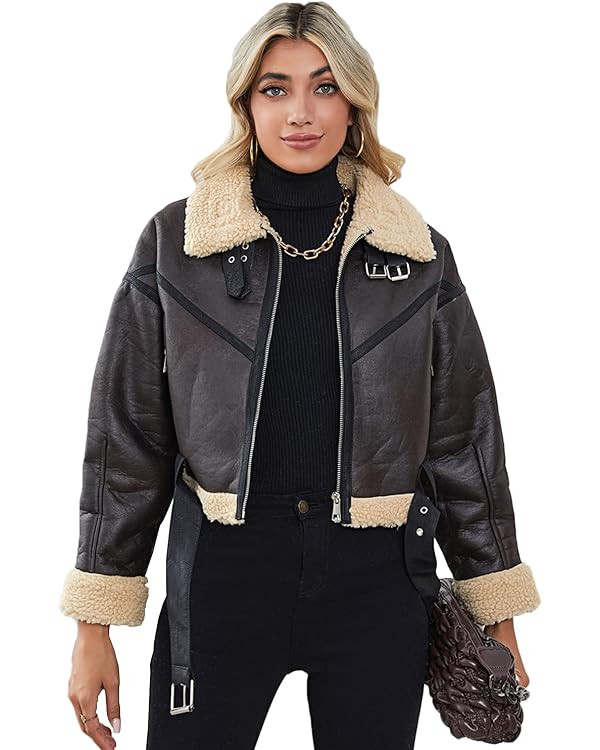 Winter Women Faux Lamb Fur Leather Short Jacket Lapel Zipper Bomber Aviator Coat | Amazon (US)