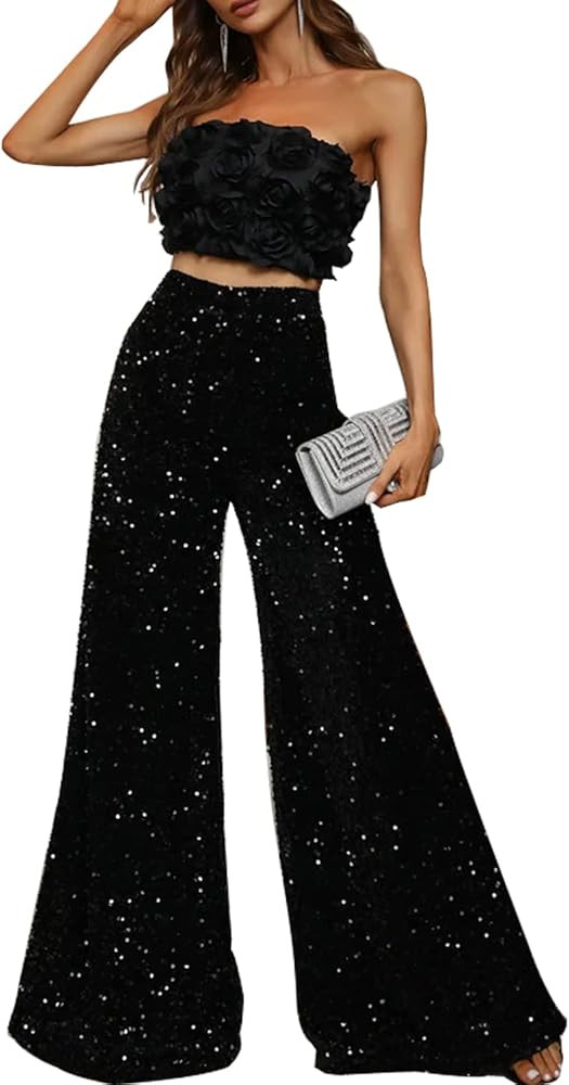 2 Piece Set 3D Flower Strapless Crop Tube Top Prom Tops High Waist Sequin Flare Leg Pants Loose T... | Amazon (US)