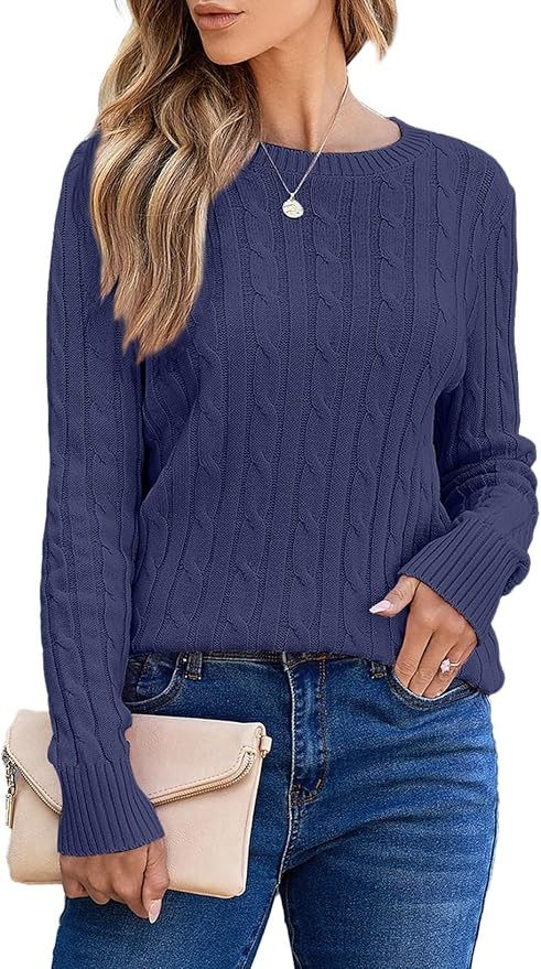 EVALESS Womens Cable Knitted Old Money Pullover Sweater Crewneck Business Casual Long Sleeve Tops | Amazon (US)