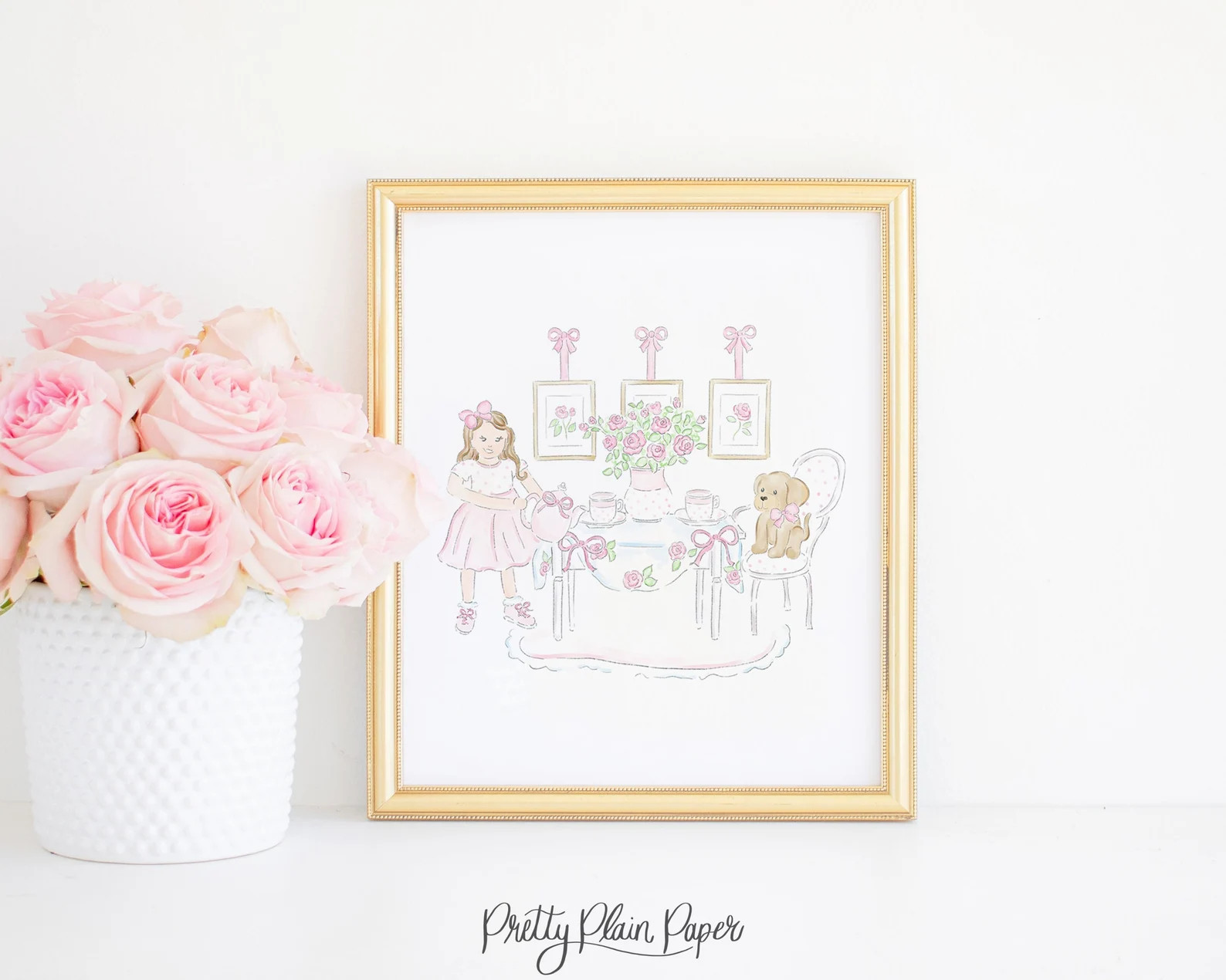 Puppy Tea Party Art 8x10 Watercolor Puppy Print Preppy Grandmillennial Artwork Little Girl Room A... | Etsy (US)