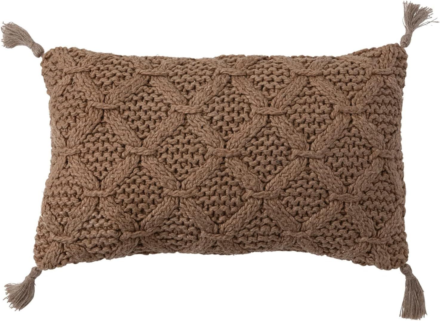 Creative Co-Op Cotton Slub Diamond Weave and Tassels, Khaki Lumbar Pillow, Tan | Amazon (US)