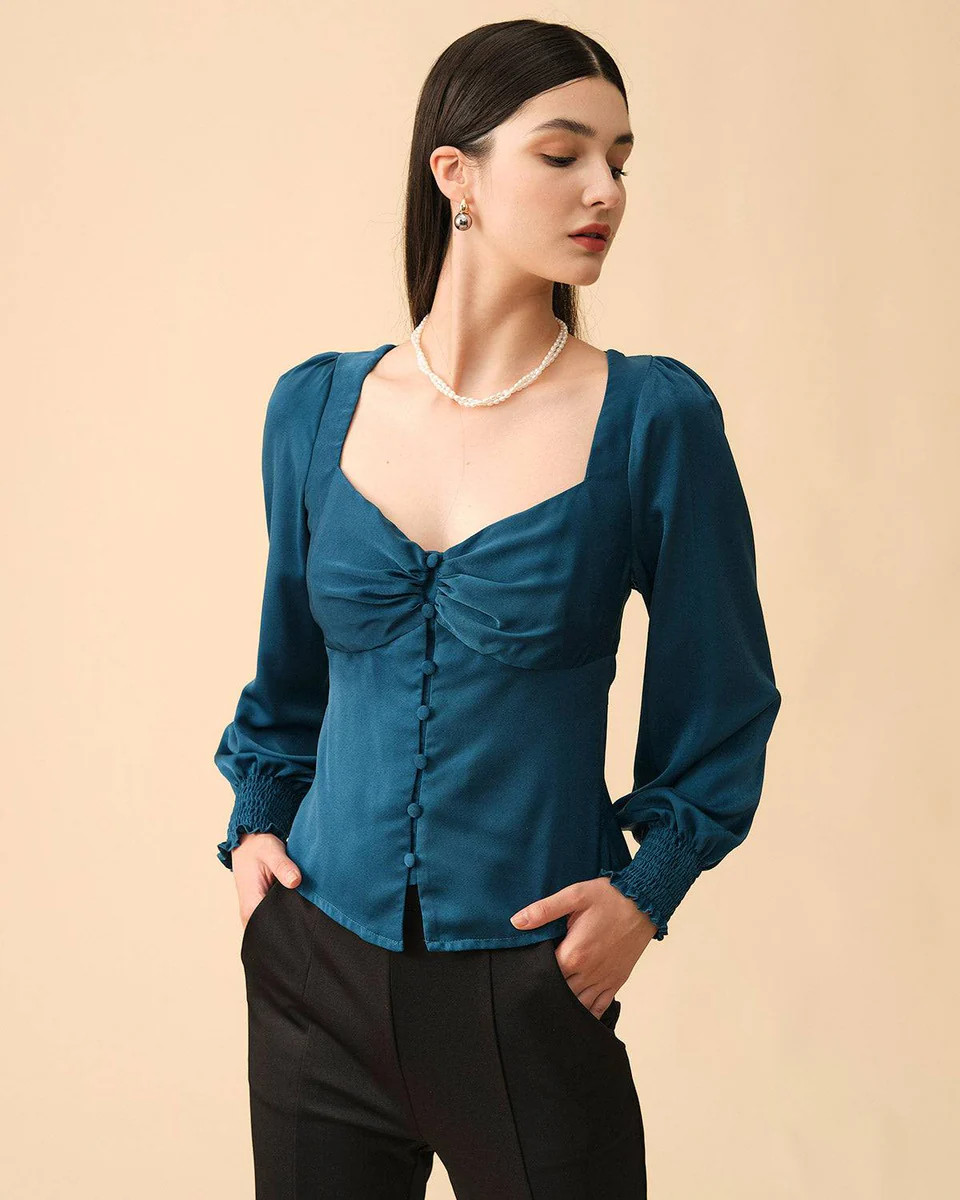 The Shirred Button Up Blouse & Reviews - Blue - Tops | RIHOAS | rihoas.com