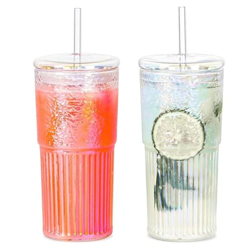 QWEZXO Colorful High Borosilicate Glass Cups With Lids and Glass Straws，20 OZ Rainbow Iced Coffee Water Tumbler Smoothie | Amazon (US)