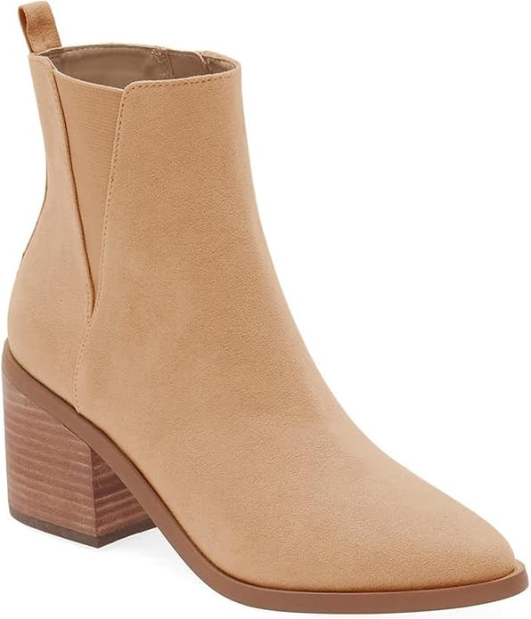 Coutgo Womens Pointed Toe Ankle Boots Chunky Block Stacked Heel Side Zipper Chelsea Fall Booties | Amazon (US)