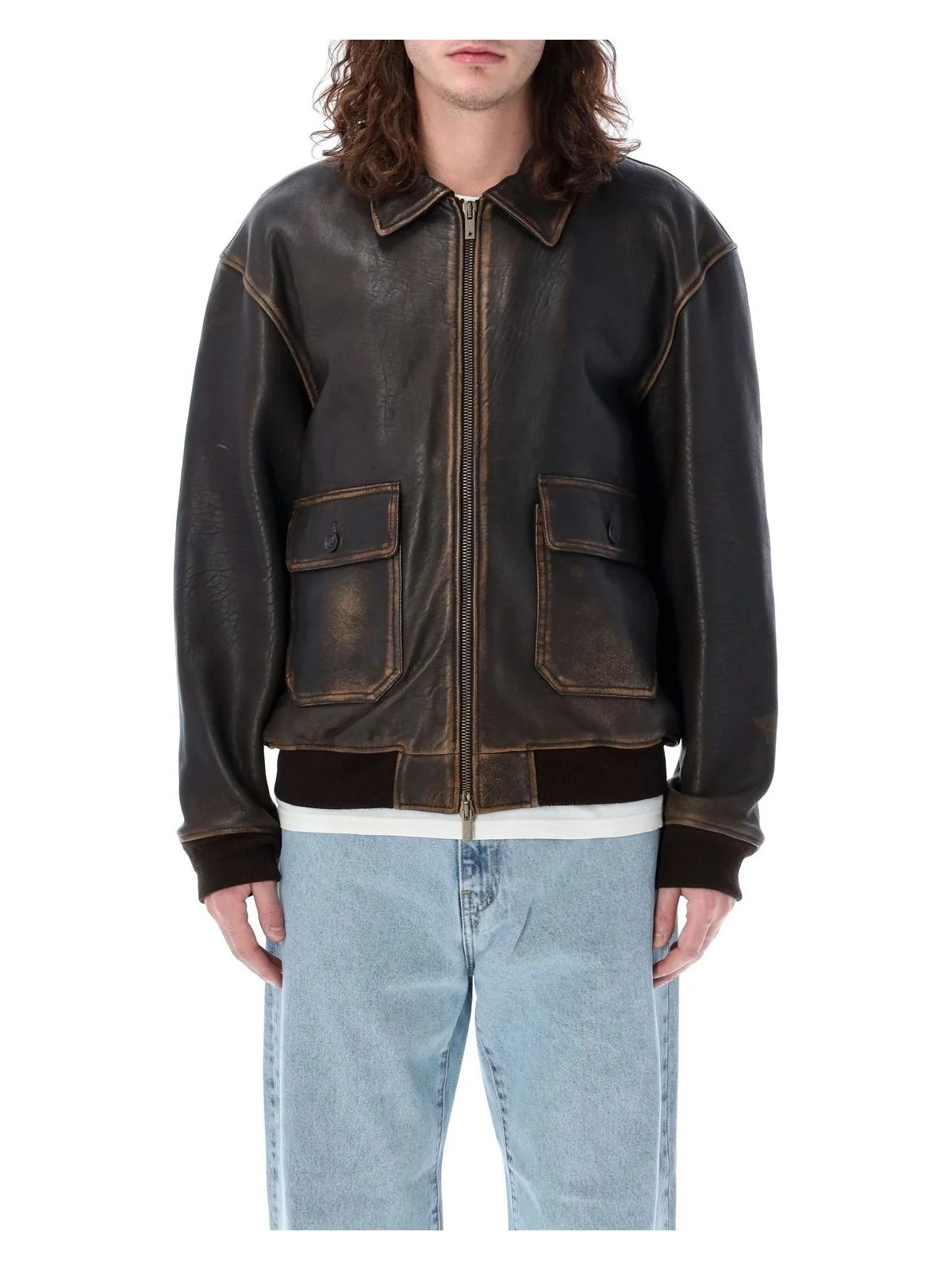 Golden Goose Men's Bomber Leather Jacket in Brown | Size 52 | 24PGMP01658P001425 Color 55381 | LOZURI