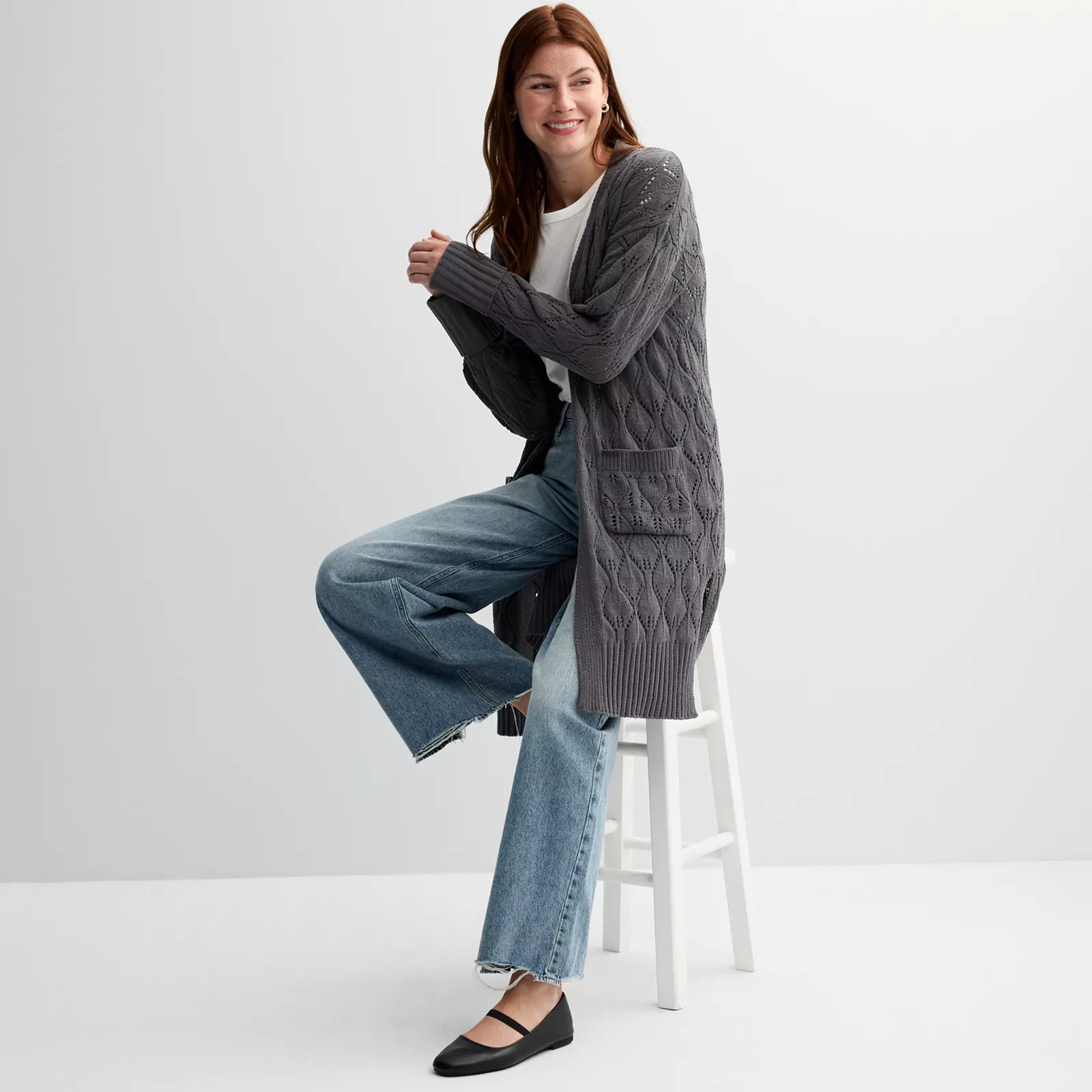 Juniors' Pink Republic Pointelle Duster Cardigan | Kohl's
