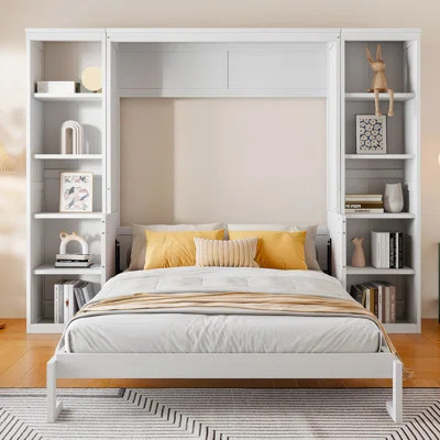 Queen Size Murphy Bed With Desk And Bookshelf, White | Wayfair North America