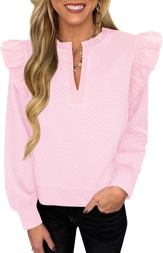 Cicy Bell Womens Ruffle Long Sleeve Sweatshirt Notched V Neck Textured Casual Pullover Tops Fall ... | Amazon (US)