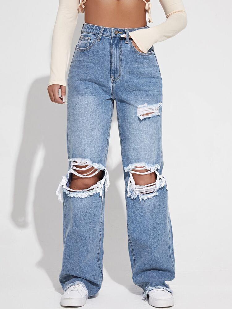 Ripped Cutout Wide Leg Jeans | SHEIN