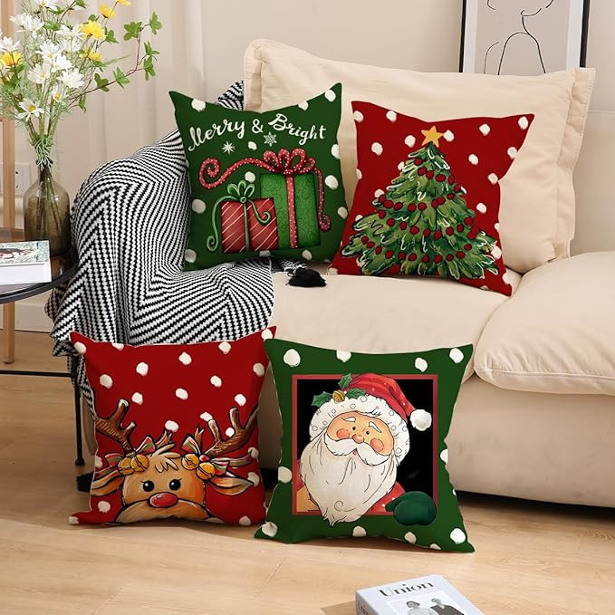 Christmas Pillow Covers, Linen Santa Print Decorative Sofa Cushions, Holiday Home Throw Pillows f... | Amazon (US)