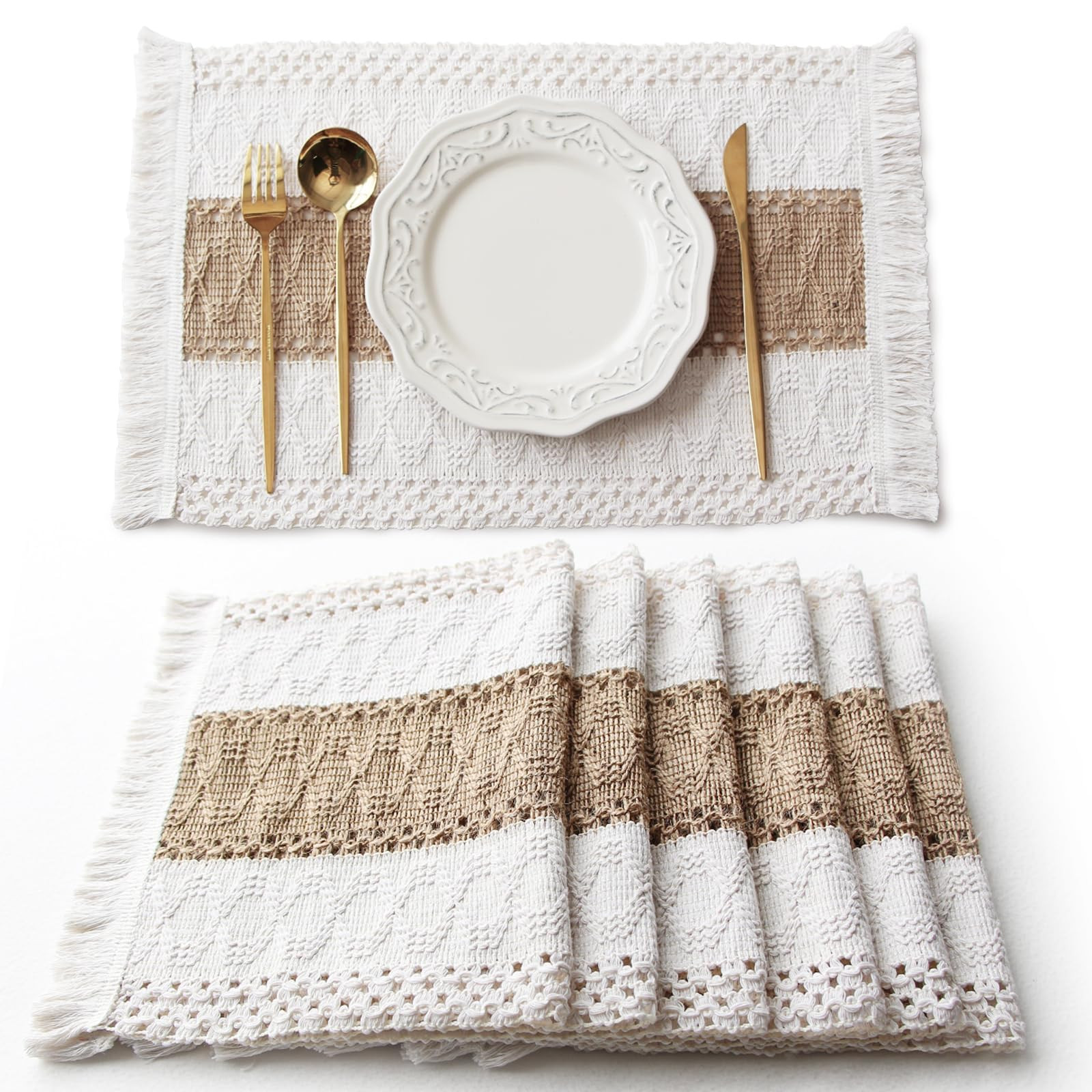 FEXIA Boho Placemats Set of 6, Macrame Table Decor Farmhouse Style Placemats in Natural Cotton Burlap, for Dining Table Centerpiece Thanksgiving Home Decorations | Amazon (US)
