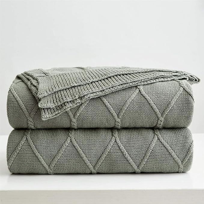 Longhui bedding 100% Cotton Medium Grey Lightweight Cable Knit Throw Blanket with Bonus Launderin... | Amazon (US)