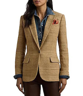 Lauren Ralph Lauren Linen Blend Herringbone Notch Lapel Long Sleeve Single-Button Blazer - 12 | Dillard's