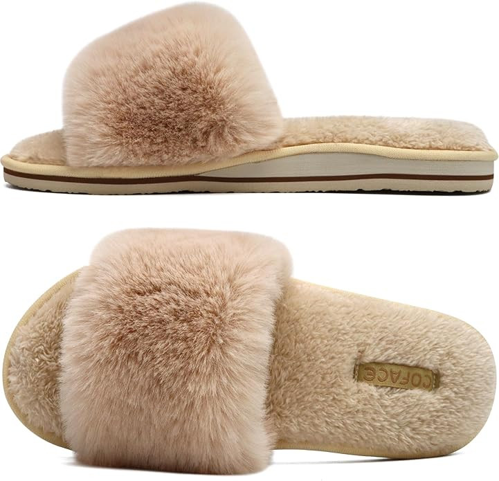 COFACE Womens Slides Fuzzy Slippers Open Toe Fluff Slippers With Arch Support Plantar Fasciitis O... | Amazon (US)