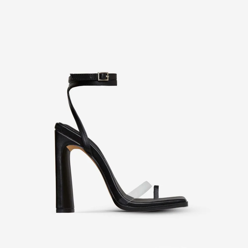 All-In-It Perspex Strap Square Toe Flared Block Heel In Black Faux Leather | EGO (UK)