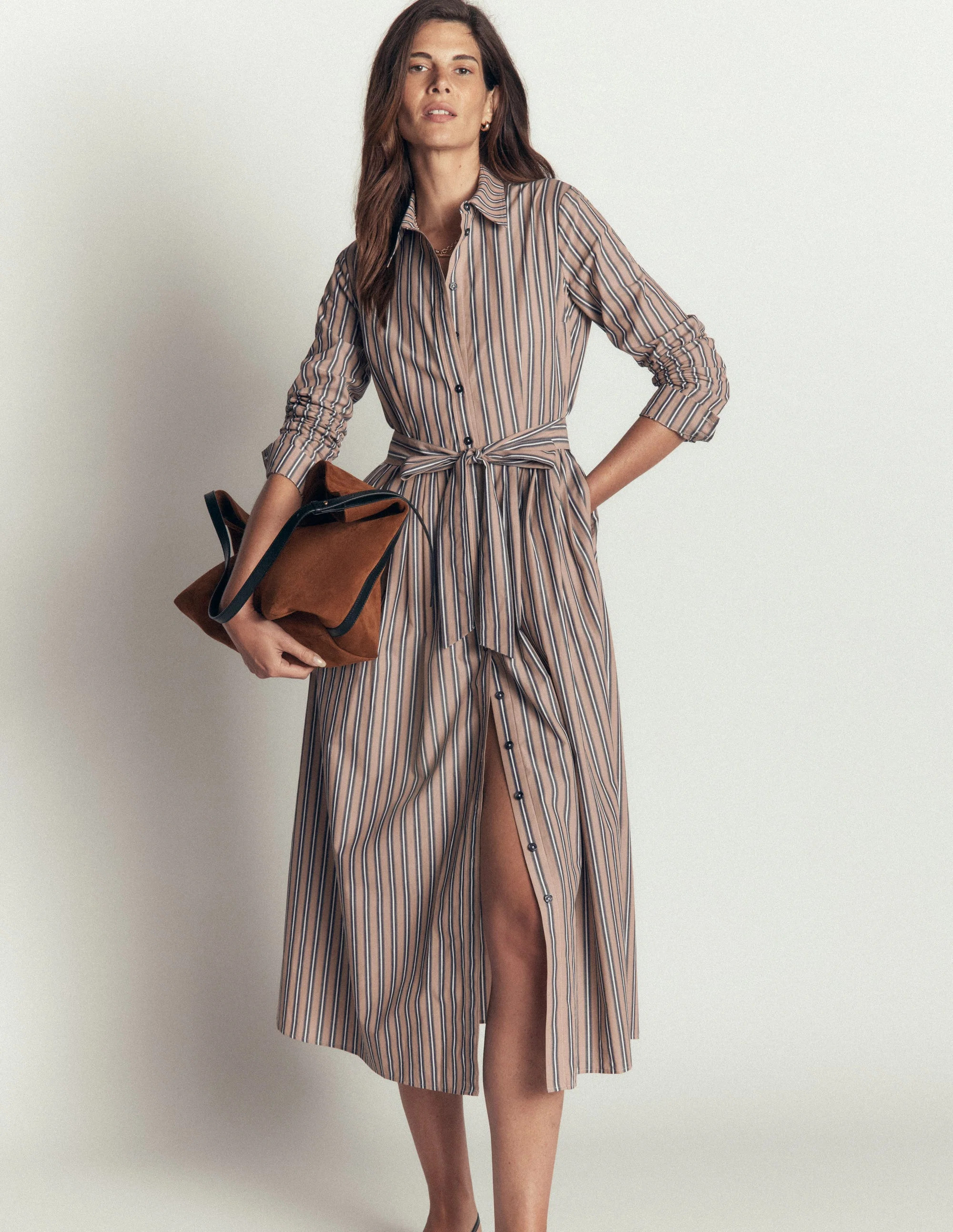 Alexa Cotton Midi Shirt Dress-Camel, Navy Tram Stripe | Boden (US)
