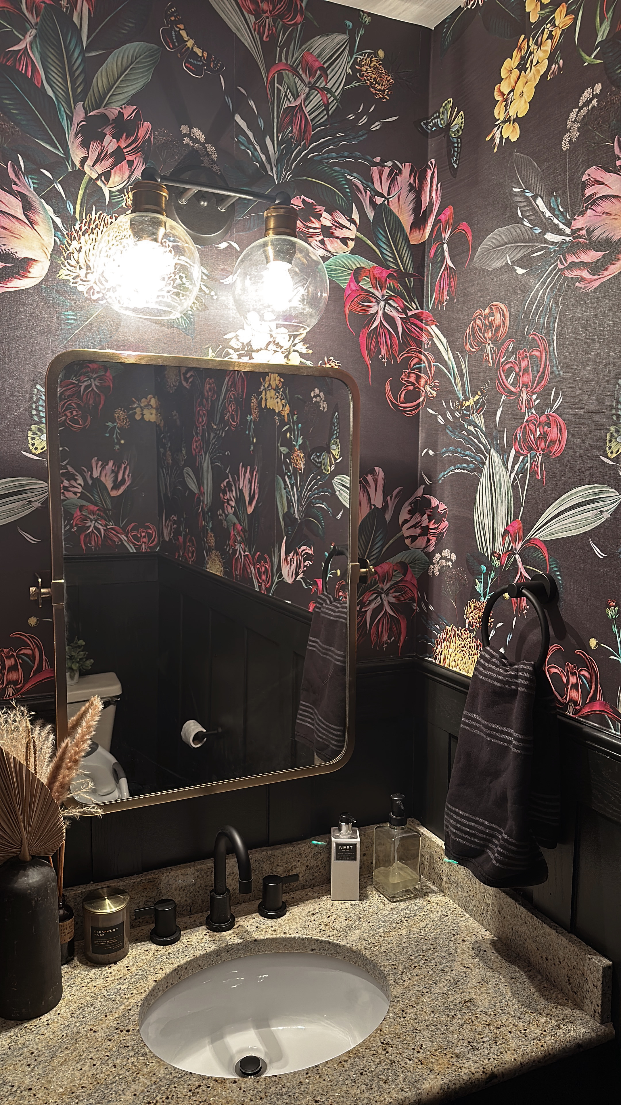 Bathroom glow-up alert! ✨ Bold, moody, and absolutely breathtaking — I couldn't be more obsessed with this dark floral wallpaper from Dizzy With Excitement! The texture, the depth, the drama… it's everything. 🌸🖤 Pairing it with brass accents and sleek finishes gave the perfect balance of modern elegance with a touch of vintage charm. 

#LTKHome #LTKWatchNow #LTKStyleTip