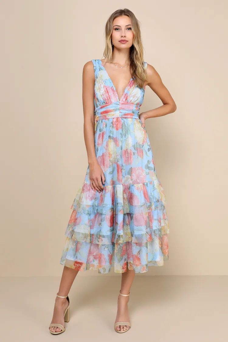 Perfectly Divine Blue Floral Tulle Tiered Ruffled Midi Dress | Lulus