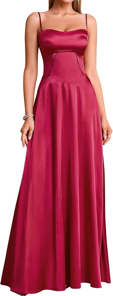 KUTUMAI Satin Maxi Dress Spaghetti Strap Lace Up Long Formal Dresses for Women Wedding Guest Cock... | Amazon (US)