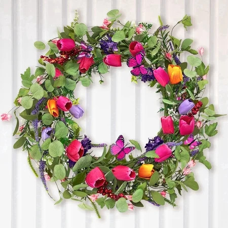 AcerichFad Spring Wreath Decor, 22 Inch Artificial Tulips Wreaths for Front Door Indoor Outdoor Home Spring Summer Decoration | Walmart (US)