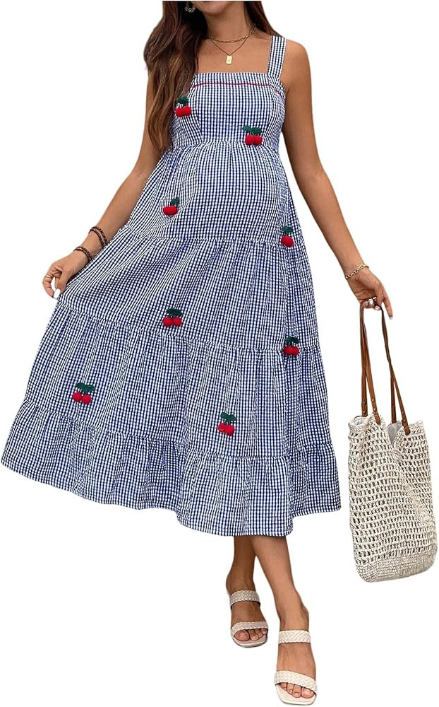 OYOANGLE Women's Maternity Gingham Dress Cherry Decor Sleeveless Tiered Ruffle A Line Midi Dresse... | Amazon (US)