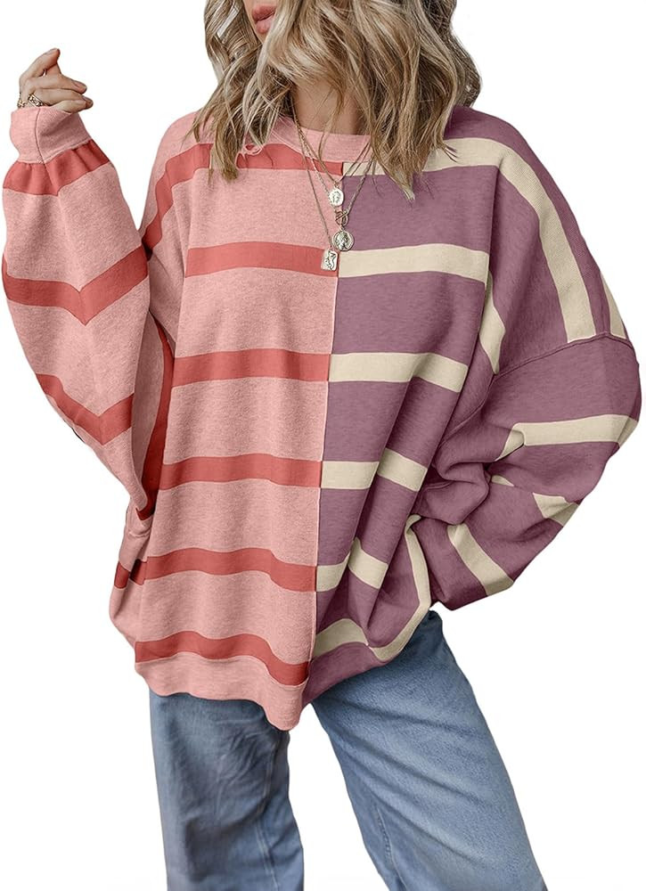 EVALESS Womens Striped Sweaters Long Sleeve Cable Knitted Color Block Casual Loose Lightweight Ov... | Amazon (US)