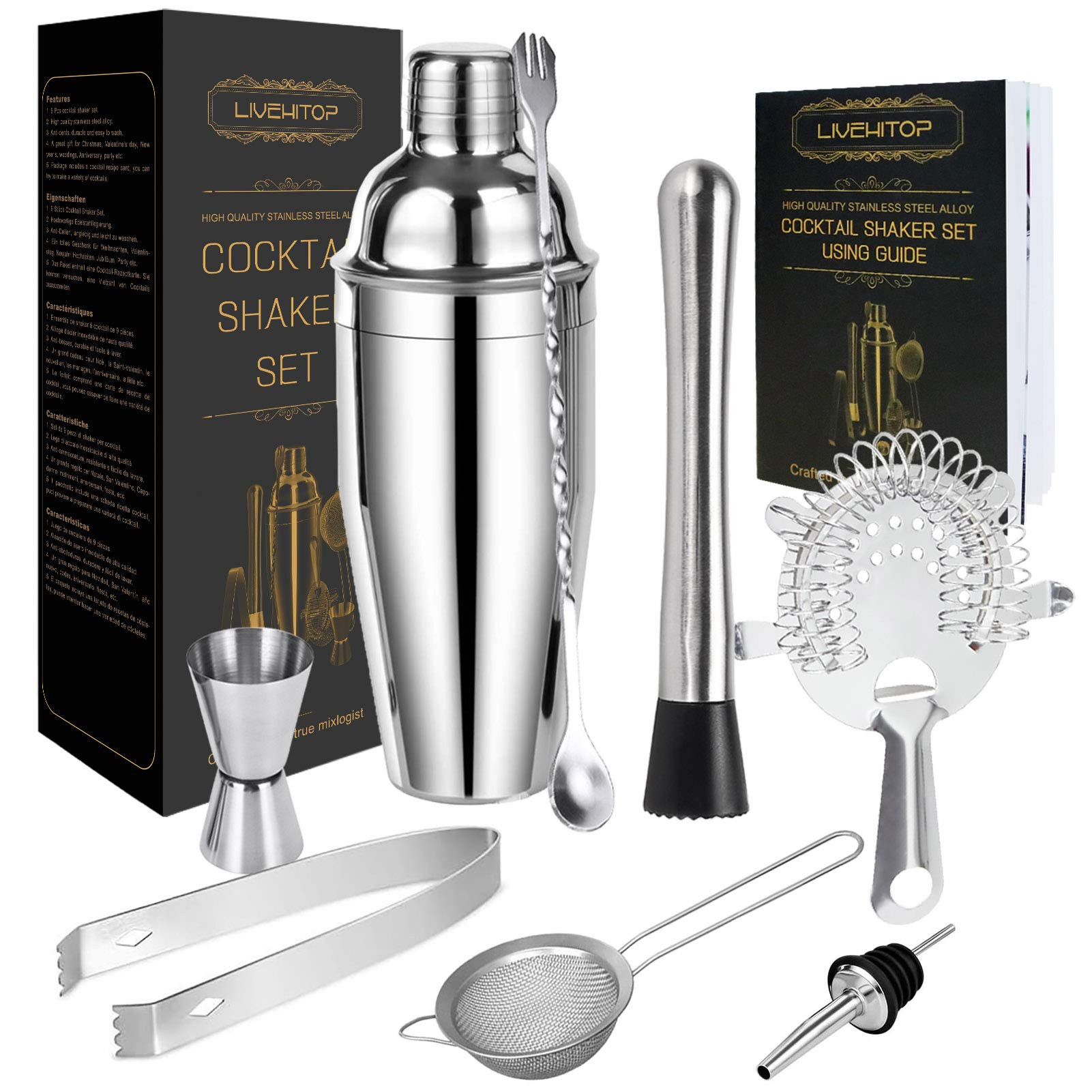 LIVEHITOP Cocktail Making Set, 9Pcs Stainless Steel Bartender Kit Professional Cocktail Shaker Se... | Amazon (UK)