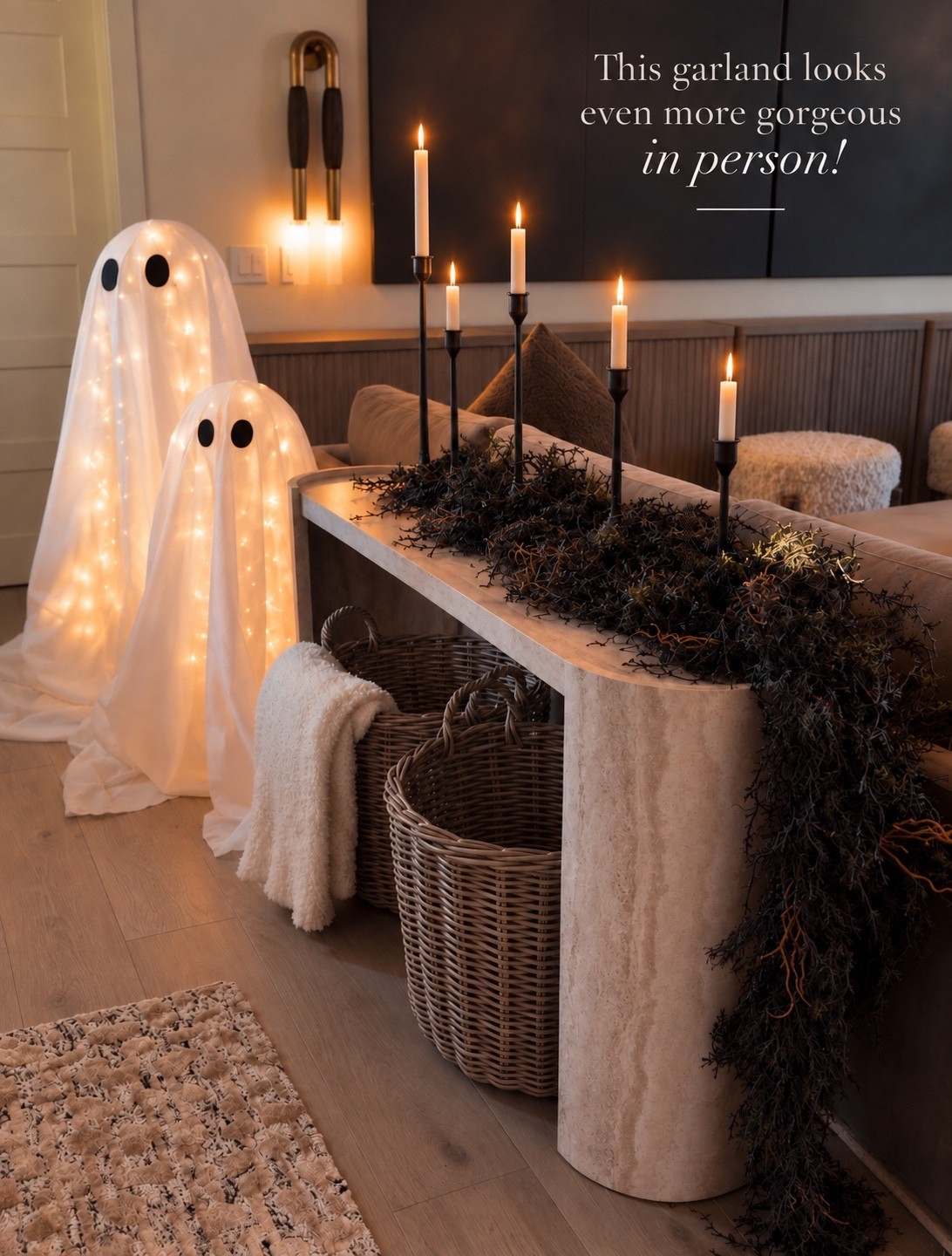 This Halloween garland is even more gorgeous in person!! 🖤 I love the full, wispy texture paired with black candlesticks for an elevated Halloween look. And the light-up ghosts add the cutest cozy glow! 👻 Such a fun way to mix spooky Halloween decor with a warm + sophisticated home.

#HalloweenDecor #HalloweenGarland #HalloweenDecorating #LightUpGhosts #SpookySeason #SpookyDecor #FallHomeDecor #HalloweenHome #FallDecor

Summerthompsonstyles

#LTKHome #LTKSeasonal #LTKdayinmylife
