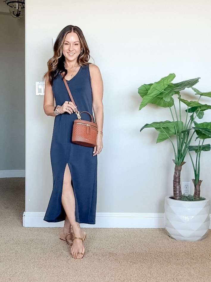 Amazon Modal fabric dress perfect for summer. for ref: I'm 5'1", 108lbs wearing a small in deep blue. Trending toe strap sandals runs TTS. 
Purse is handmade is Spain. It’s absolutely stunning! 

#LTKOver40 #LTKFindsUnder50 #LTKPetite