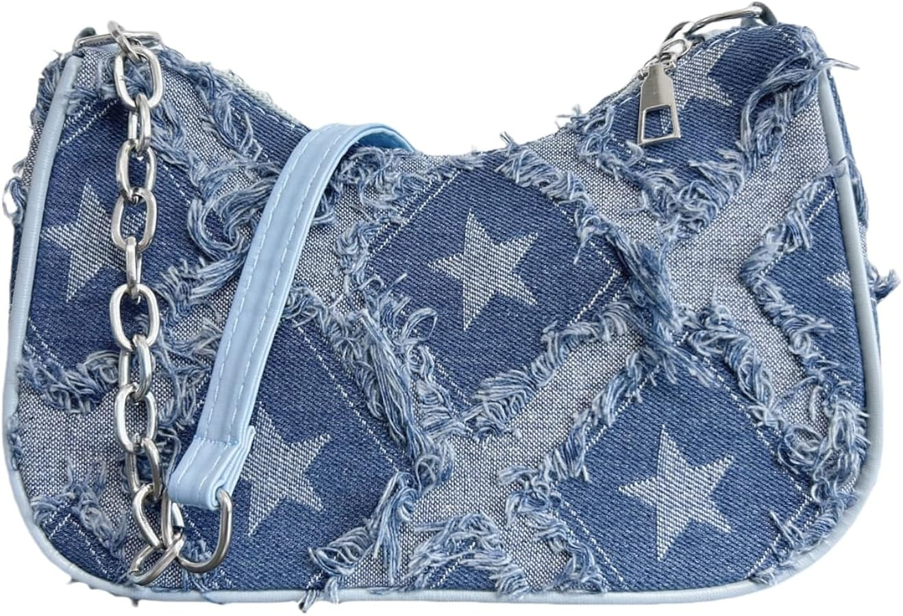 Denim Shoulder Bag for Women, Retro Checkered or Star Pattern Underarm Purse Vintage 90s Y2K Smal... | Amazon (US)
