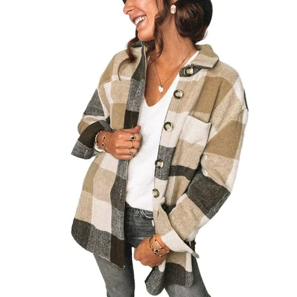 Eytino Women's Plaid Shirts Flannel Lapel Button Down Shacket Long Sleeve Jacket Coats | Walmart (US)