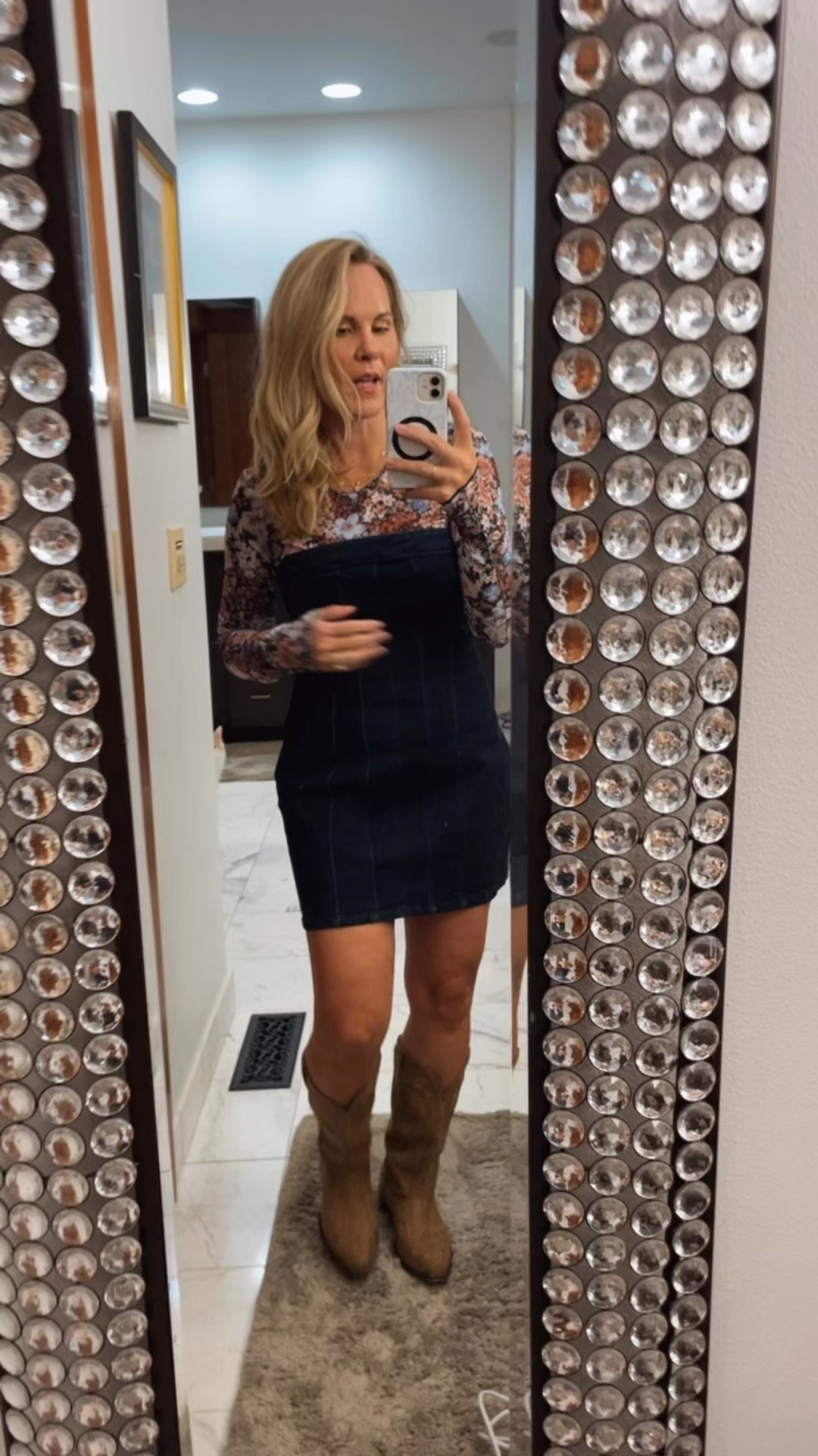 Another outfit option. This really cute mesh top is from Amazon. I love the BoHo feel to it, and this might be a winner and then pairing it with the Zara mini denim dress and then of course a pair of boots and will probably put on a pair of tights as well maybe a belt and then a cute fringe bag

#LTKFindsUnder50 #LTKOver40 #LTKgrwm