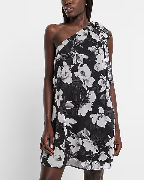 Floral Print Tie One Shoulder Mini Shift Dress | Express