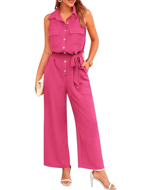 PRETTYGARDEN Women's Summer Jumpsuits Dressy Casual Sleeveless Button Up Belted Long Pants Romper... | Amazon (US)