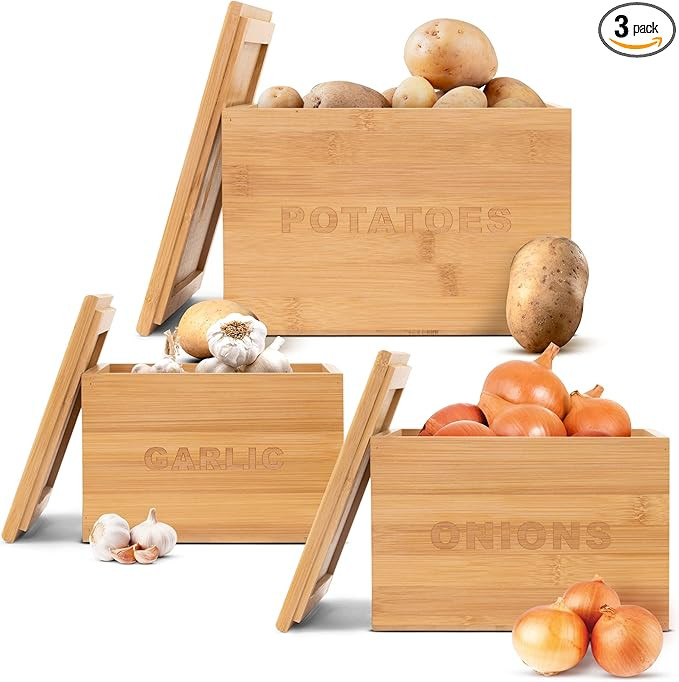 Amazon.com: LandHome Onion and Potato Storage Bamboo Vegetable Bins (3 Pcs) Stackable, Engraved G... | Amazon (US)